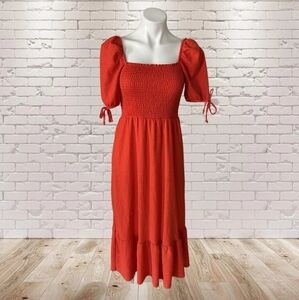 Defacto Red Smocked Midi Dress with Puff Sleeves